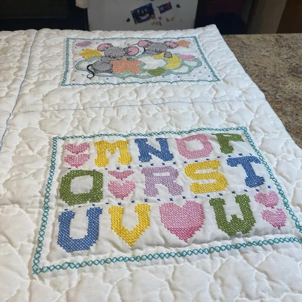 Vintage 1970s Crib Baby Coverlet Embroidery Needlepoint Novelty Quilted Blanket